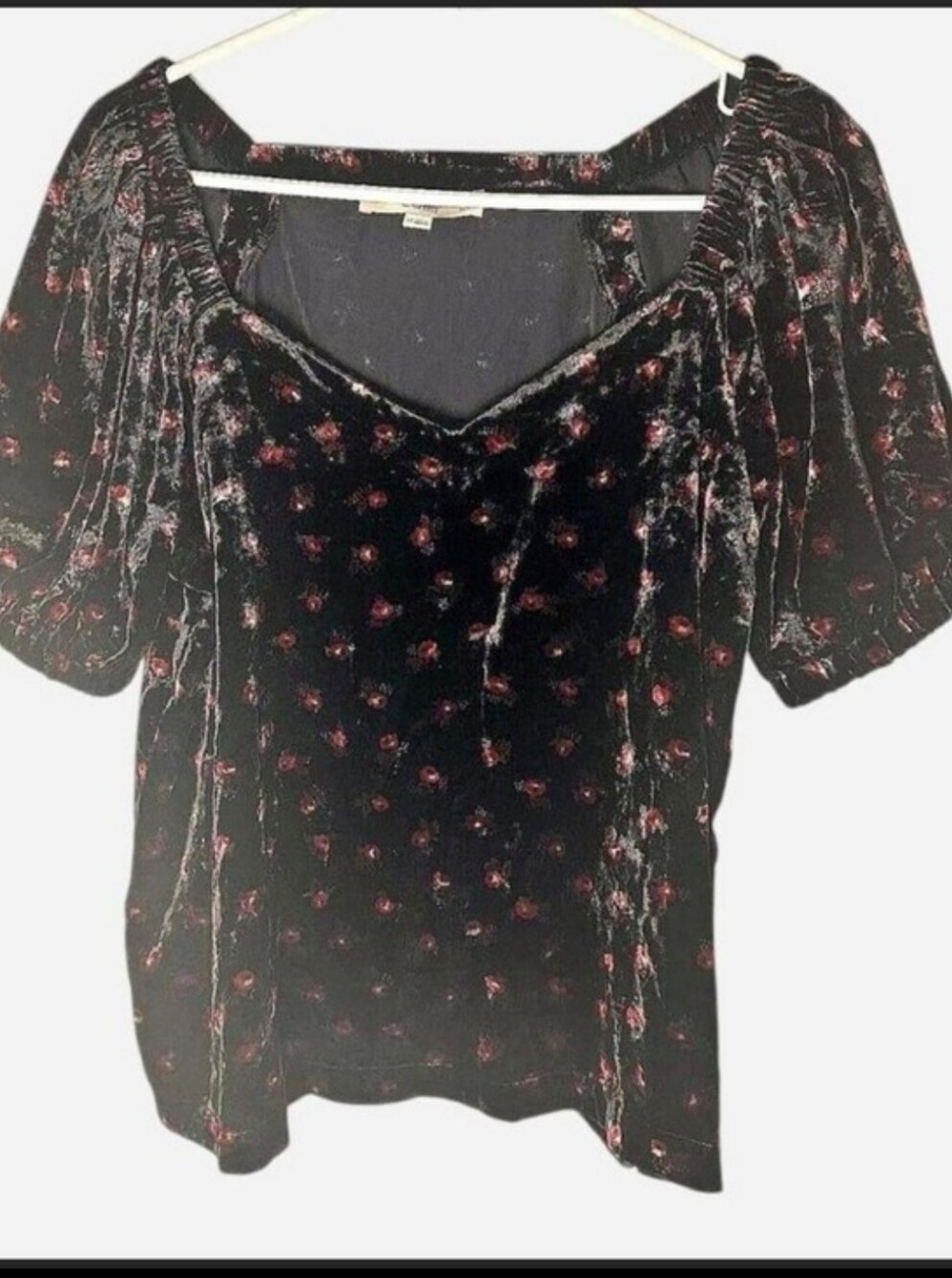 LOFT Black Red Floral Velvet Puff Sleeve Blouse Top Large Sweetheart Neckline